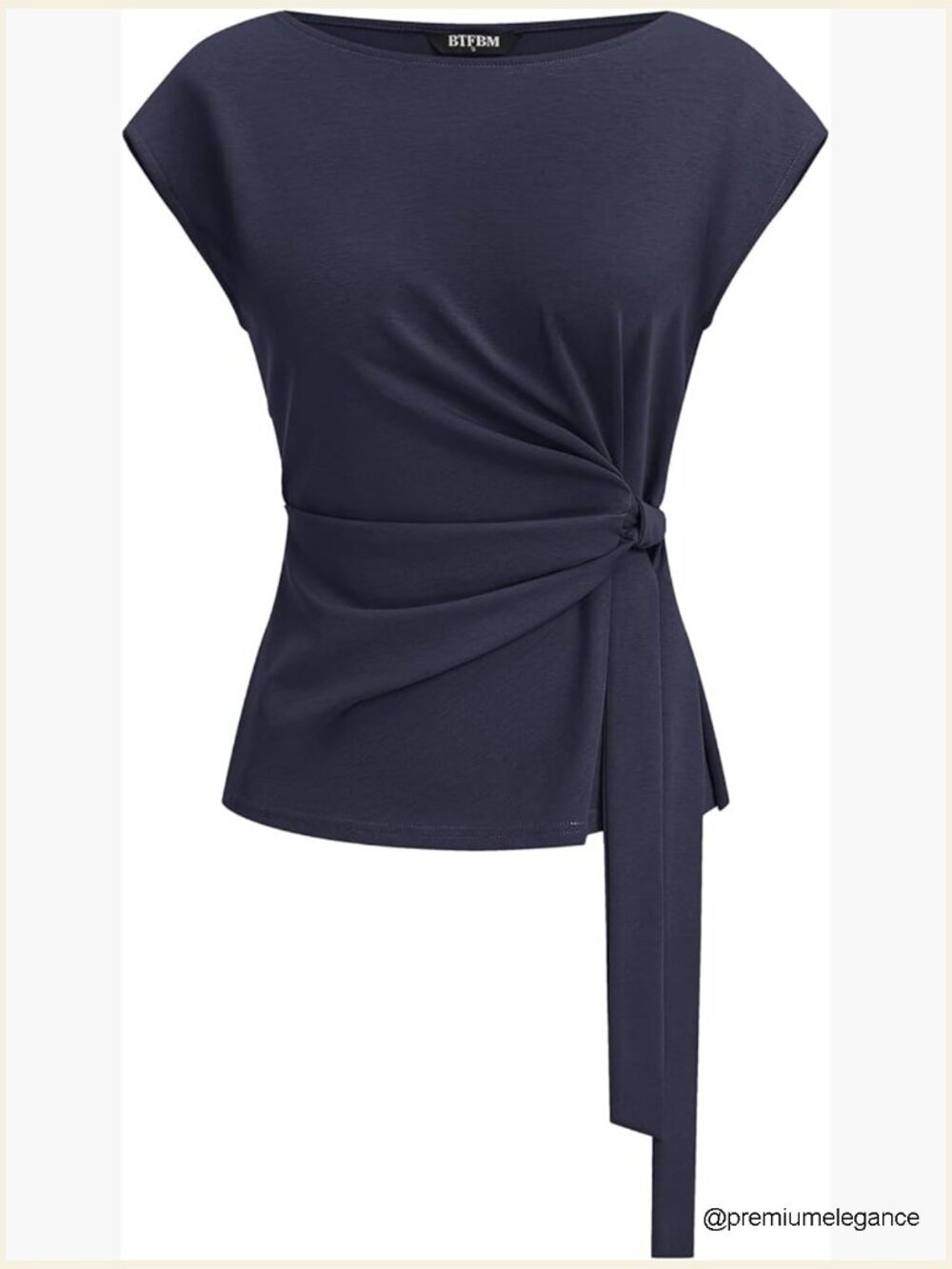 Cap Sleeve Crew Neck Tie Waist Blouse Dressy Casual Work Top